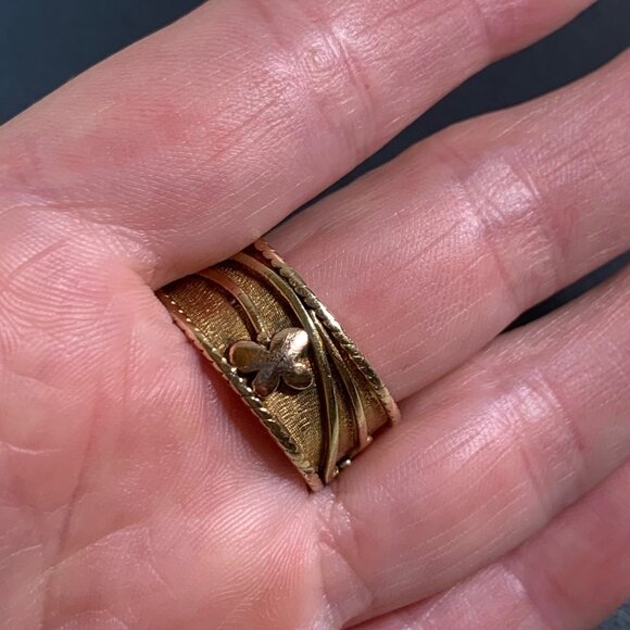 Men's 14KY Gold Butterfly Caterpillar Floral Design Cigar Band Ring Size 10.25 - Picture 7 of 16